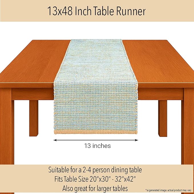 Chardin home Natural Jute Table Runner 13x48 Inch – Vintage Boho Rustic Table Decor – Handwoven Table Runner in Natural Jute and Sky Blue-White – Farmhouse Dining or Console Table Accent