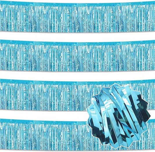 4 Pack 10 Ft Light Blue Foil Fringe Garland Metallic Streamers Tinsel Banner Wall Hanging Garland Backdrop for Parade Floats, Halloween, Christmas, Thanksgiving, New Year Party Decorations