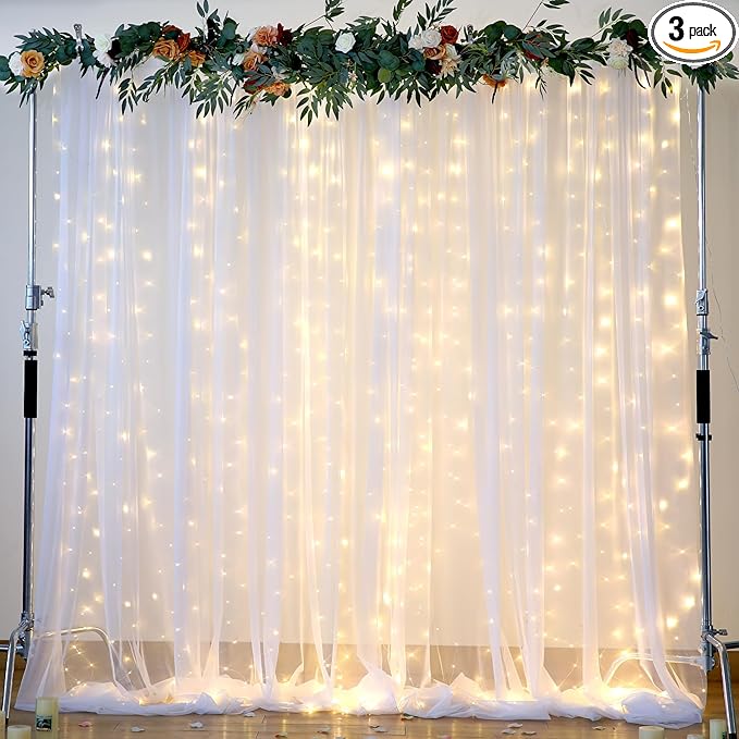 Suppromo White Tulle Backdrop Curtain with Lights String for Parites 20×8ft Sheer Curtains Wedding Baby Shower Birthday Party Photo Shoot Decorations(4 Panels 5ft×8ft)