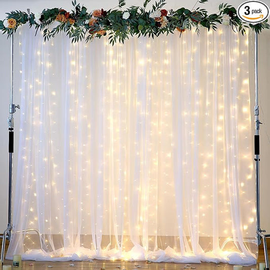 Suppromo White Tulle Backdrop Curtain with Lights String for Parites 20×8ft Sheer Curtains Wedding Baby Shower Birthday Party Photo Shoot Decorations(4 Panels 5ft×8ft)