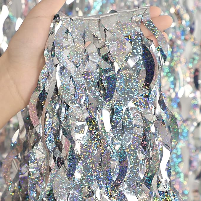 Silver Tinsel Backdrop- CYLMFC 3 Pack 3.3 ft x 6.6 ft Streamer Foil Fringe Curtain for Birthday Party Christmas Graduation Decor