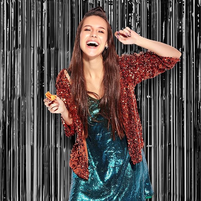 3 Pack 3.3 x 8.2 ft Laser Black Foil Fringe Backdrop Curtains, Tinsel Streamers Birthday Party Decorations, Fringe Backdrop for Graduation, Baby Shower, Gender Reveal, Disco Party