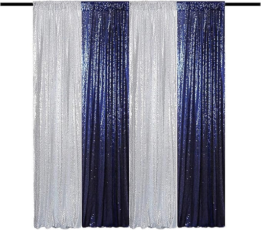 Sequin Backdrop Curtain 4 Panels 2FTx8FT Glitter Background Drapes Silver and Navy Blue Sparkle Photography Backdrop for Party Wedding Birthday Wall Decoration