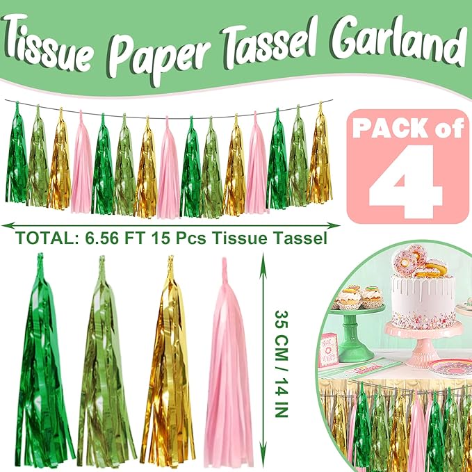 4P Sage-Green Pink-Gold Foil Fringe Metallic Tassel Garland, Tassels Banner Streamers for Parade Floats, Bachelorette, Wedding, Birthday, Halloween, Christmas, Bridal/Baby Shower Party Decorations