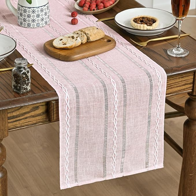 Artoid Mode Pink Rustic Cotton Linen Table Runner, Seasonal Embroidered Hollow Kitchen Dining Table Decoration for Home Party Decor 13x108 Inch