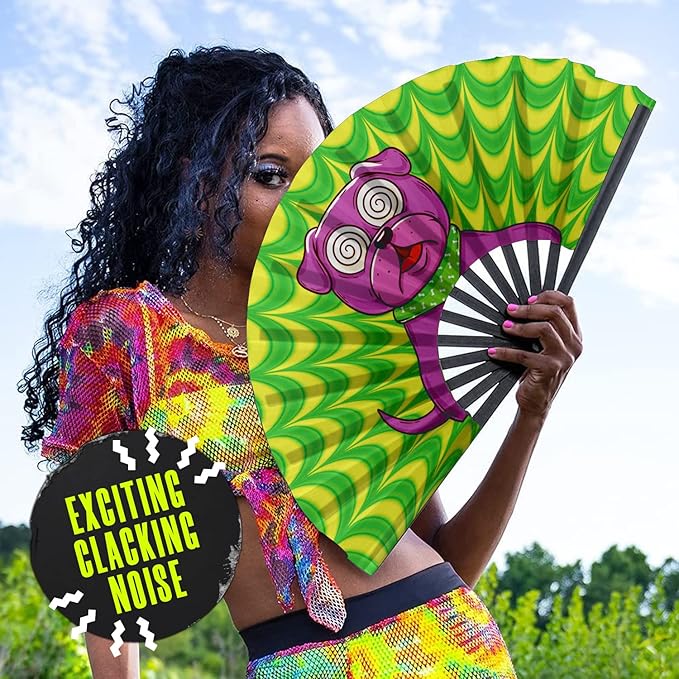 GloFX Rave Trippy Doggy Large Folding Fan - Music Festival Essentials, EDM Rave Accessories