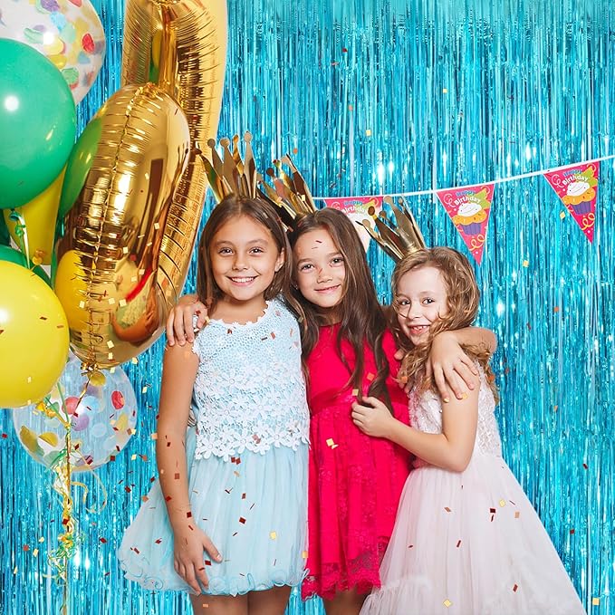 Sky Blue Metallic Tinsel Foil Fringe Curtain, 2 Pack 3.3x8.3 Feet Party Streamer for Birthday Party Decorations, Halloween Decor, Foil Curtain for Bachelorette Party