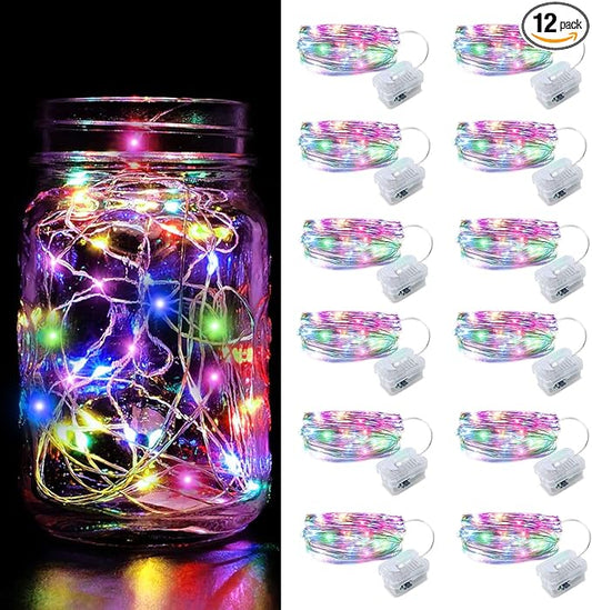 Aogist 12 Pack Fairy Lights 3 Modes 7ft 20 LED Waterproof,Battery Operated Silver Wire Firefly Starry Moon Mini String Lights for Mason Jars Christmas DIY Crafts Wedding Party Bedroom,Multicolor