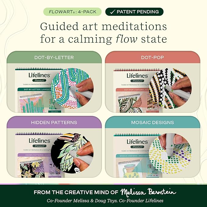 Lifelines FlowArt Activity Pad, 4-Pack - Guided Art Meditations with Markers - Color by Number/Letter, Dot Art and More Coloring Books for Teens, Adults & Seniors