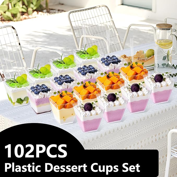 YOUBET 102 PCS Plastic Dessert Cups - 8oz Clear Square Cups - 51 Pack Mini Appetizer Cup with Tasting Spoons for Pudding, Fruit, Yogurt Parfait and Ice Cream