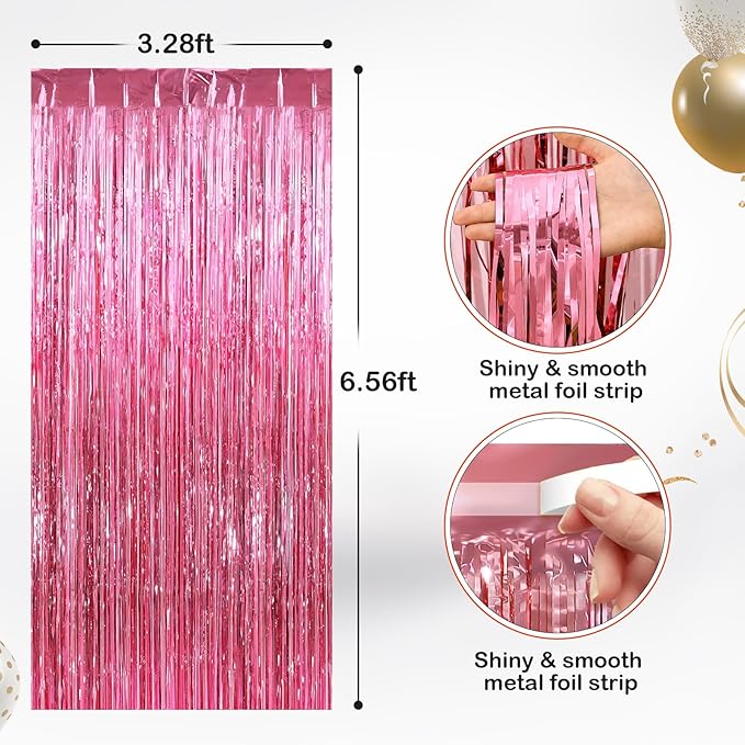 2 Pack Pink Metallic Tinsel Foil Fringe Curtains, Door Streamers Photo Booth Backdrop for Birthday Party, Tinsel Curtain Backdrop for Baby Shower Bachelorette Christmas Party Decorations