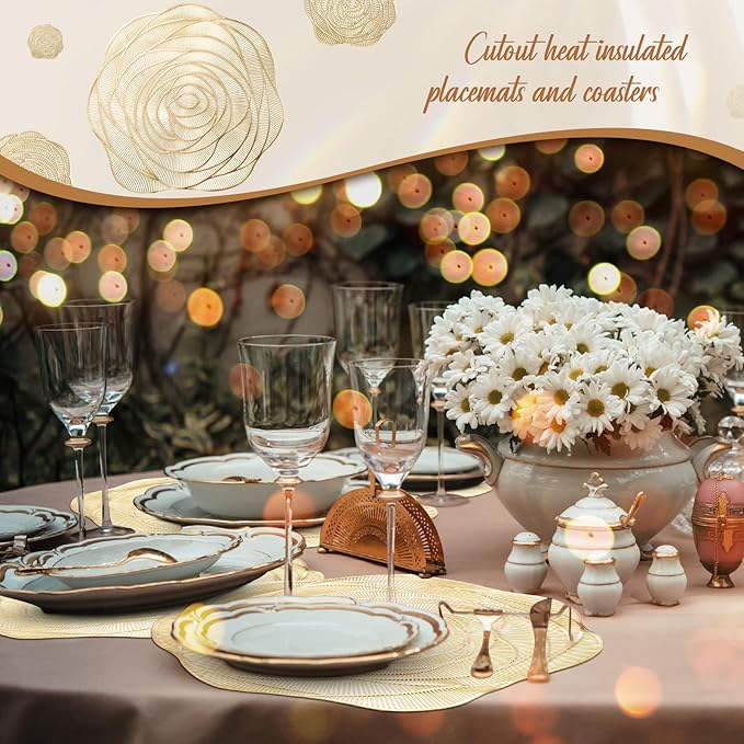 Sieral 24 Set 15 Inch Round Pressed Vinyl Placemats Hollow Out Rose Placemat Set Metallic Slip Resistant Place Mat Coaster Including Place Mats and Coasters for Wedding Dining Kitchen (Gold)
