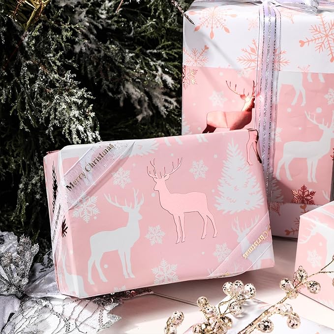 LeZakaa Christmas Pink Wrapping Paper Jumbo Roll, Reindeer & Snowflake, Metallic Foil, Rose Gold Foil Reversible Design for Festive Winter Holiday, Family Gathering, 30 inches x 100 Feet