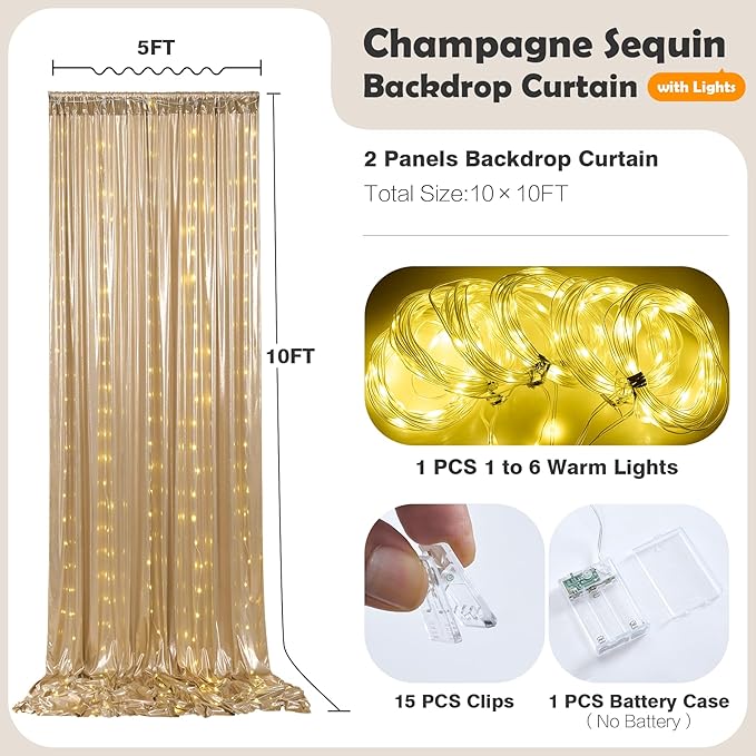 10x10 Champagne Sequin Backdrop Curtain with Lights-Wrinkle Free Thick Glitter Backdrop Drapes for Wedding Parties Events Halloween Decor-2 Panels 5×10ft Shimmer Photo Booth Background for Photography