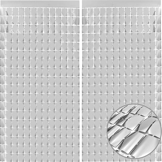 PADELO Silver Shimmer Wall Backdrop, Square Backdrop Curtain,2Pcs 3.3x6.6 Feet Silver Streamer Backdrop for Party Decorations