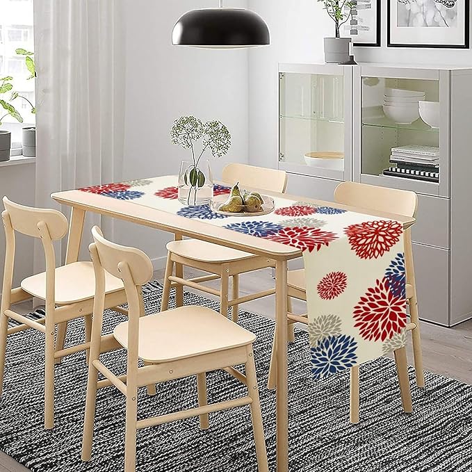 4th of July Table Runner, Blue Red Dahlia Flower American Patriotic Memorial Day Table Runner for Farmhouse Kitchen Dining Table Party Decor, 13x60inch