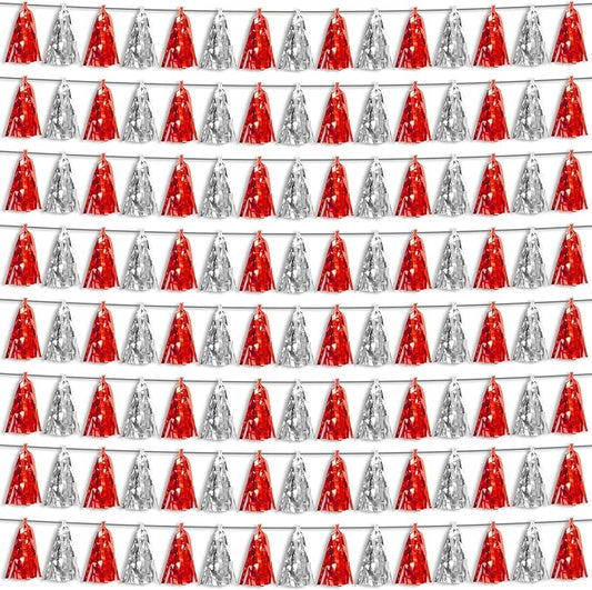 8P Red Silver Foil Fringe Metallic Tassel Streamers Banner Tassel Garland for Parade Floats, Bachelorette, Wedding, Birthday, Halloween, Christmas, Bridal/Baby Shower Party Decorations
