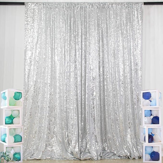 ShinyBeauty Sequin Curtains Silver 4FTx8FT Sequin Photo Backdrop Silver Sequin Backdrop Curtain Glitter Photography Backdrop Bridal Shower Backdrop for Wedding Party Decor