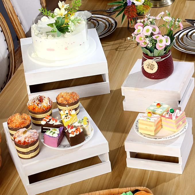 Sieral 4 Pieces Wood Cupcake Display Stand Decorative Dessert Appetizer Cake Stand Risers Wooden Crate Rustic Cake Risers for Storage for Party Christmas Halloween Wedding Decor(Vintage White)