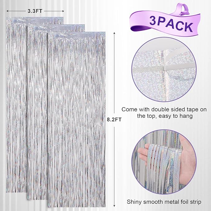 3 Pack 3.3x8.2 Feet Laser Silver Foil Fringe Backdrop Curtains, Tinsel Streamers Birthday Party Decorations, Fringe Backdrop for Graduation, Baby Shower, Gender Reveal, Disco Party