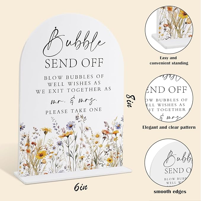 Wedding Signs for Ceremony and Reception, Boho Floral Acrylic Bubble Send Off Sign, Wedding Signage with Stand, Bridal Shower Table Centerpieces, Supplies for Engagement Reception and Event Party, 29