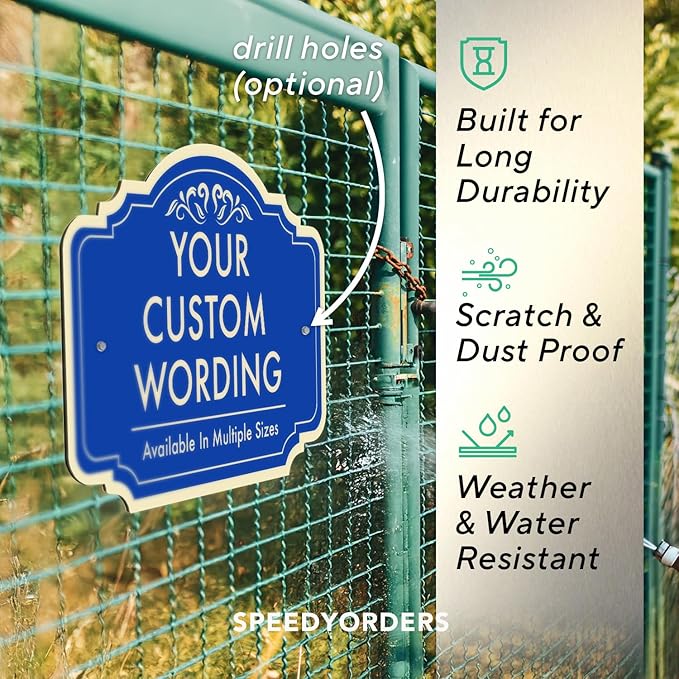 Custom Decorative Outdoor Metal Sign - Personalized Aluminum Driveway Sign, Waterproof, Made in USA - Design 2 Blue Steel 12x8 In