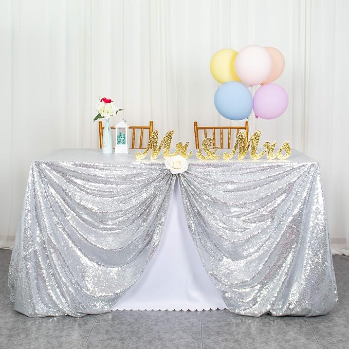 ShinyBeauty Sequin Tablecloth Silver 72''x72'' Square Glitter Table Cover Silver Table Cloths for Parties Wedding TableCover Event Decor Sparkley Tablecloth Kitchen Linen