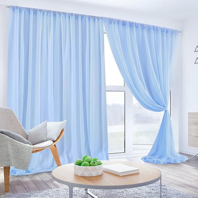 PARTISKY 10ftx7ft Blue Chiffon Backdrop Curtains, Wrinkle-Free Sheer Fabric Photo Drapes for Wedding Ceremony Arch Birthday Baby Shower Photography Stage Decor 5ft x 7ft, 2 Panel