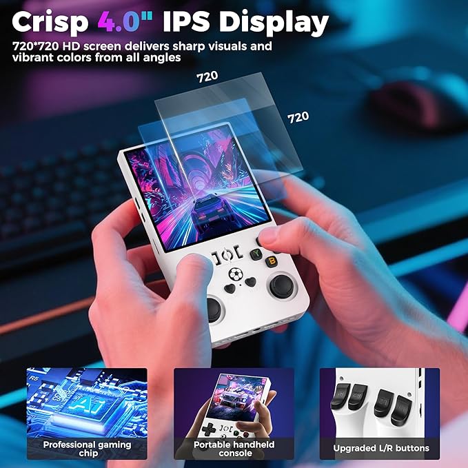 R36MAX Retro Game Console, Handheld Game Console with 4.0-in IPS HD Screen，Video Game Consoles with 64GB Memory, Portable Games Consoles with Storage Bag（White）