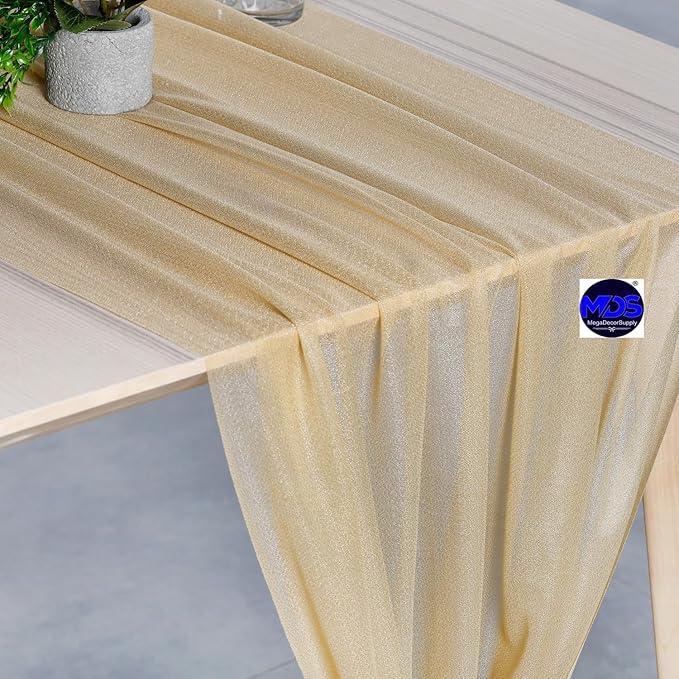 MDS 15 Pack 10ft Chiffon Table Runner 29 x 120 Inches Sheer Wedding Runner Romantic Rustic Table Runner for Wedding Decorations, Birthday Parties, Bridal Shower Party Arch Decor - Champagne Gold