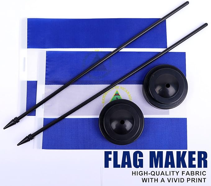 Nicaragua Desk Flag 12" Solid Pole Deluxe Set Nicaraguans Flags Banner Mini Small Nicaragua Office Table Flags with Black Stand Base Desktop Decorations(2Pack)