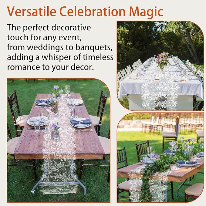 HAIBAS 12 Pcs White Lace Table Runners 14 x 120 Inch Boho Rose Embroidered Floral Vintage Rustic Table Decoration for Wedding Party Bridal Shower Decorations