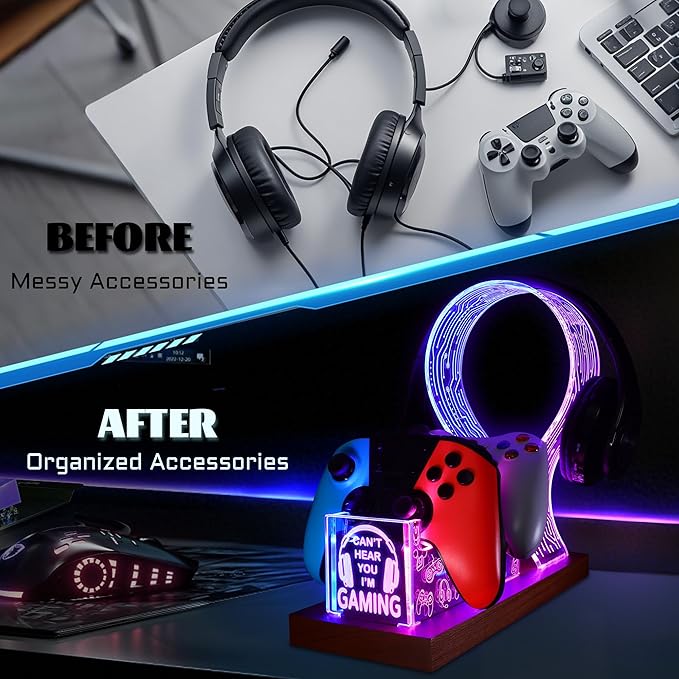 YuanDian Gamer Gifts for Teenage Boy, Can't Hear You I'm Gaming Headset and Controller Stand, Acrylic Wooden Controller Holder with Blue Pink LED Night Light, Desk Decor Gift