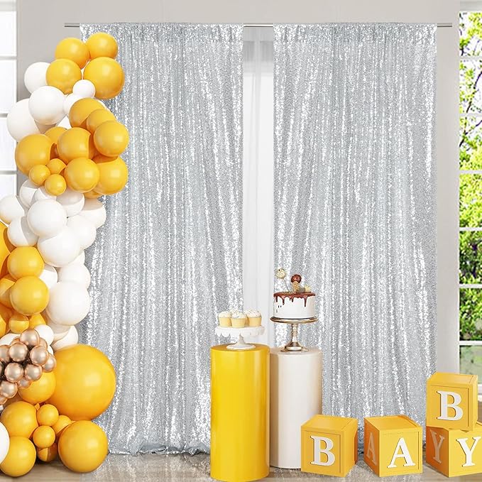 Poise3EHome 2 Panels 4ftx8ft Silver Sequin Backdrop, Upgrade Shimmer Backdrop for Wedding Christmas Party Photo Booths Event Decorations