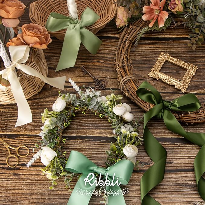 Ribbli Sage Green Satin Ribbon 1-1/2 Inch x 4 Rolls Total 40 Yards- Ivory/Sage/Dusty Sage/Moss Green Ribbon for Gift Wrapping Craft Wedding Decoration