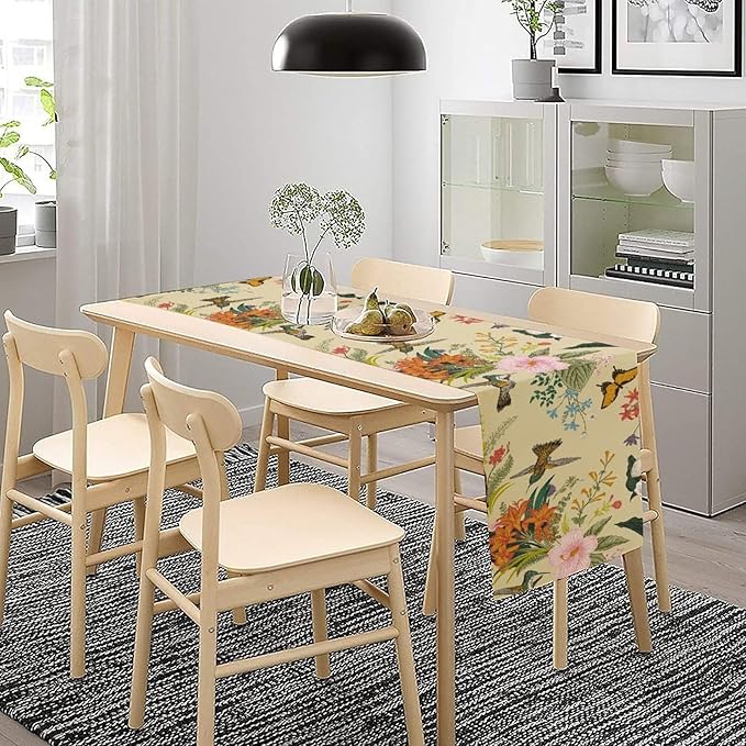 Brown Bird Floral Table Runner Spring Flower Kitchen Table Decoration Suitable for Family Dinner Decoration 13x60 Inch