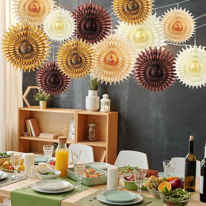 12PCS Paper Fans Brown Neutral Boho Party Decorations Tissue Paper Flowers Decorations for Girl Groovy Birthday Baby Shower Wedding Bachelorette Room Wall Hanging Décor