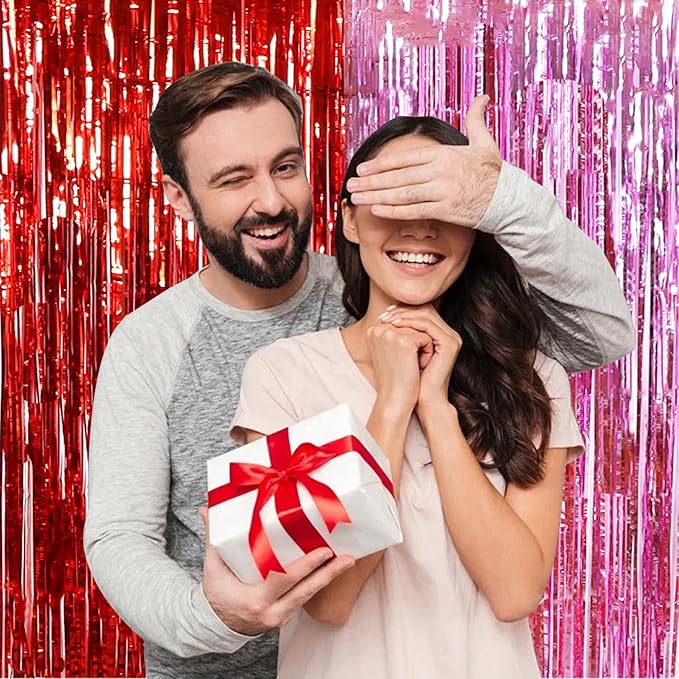 TONIFUL Valentine's Day Door Streamers,Red and Pink Photo Booth Backdrop Metallic Streamers Foil Fringe Curtain for Birthday Valentine's Day Bridal Shower Engagement Party Decoration