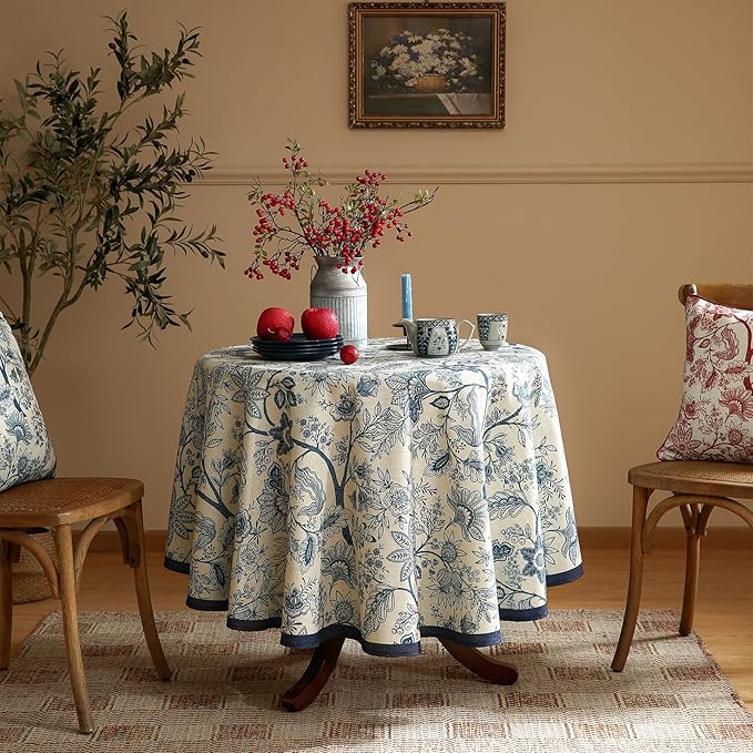 ISAENNE Designer French Linen Round Tablecloth,Blue Floral Washable Indoor Table Cloth,Durable Home Decor Tablecloths for Dining Thanksgiving Kitchen Party Christmas,Diameter 67"-Ruyi B