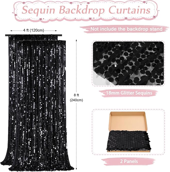 Black Big Payette Sequin Backdrop - 2 Pieces 4ftx8ft Birthday Party Reception Photo Booth Backdrop Curtains Drapes Fabric