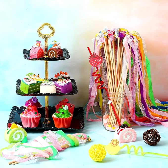 40 Pieces Ribbon Wedding Streamers with Bells, Lace Fairy Stick Wand Party Streamers Chromatic Silk Streamers for Party, Birthday and Holiday