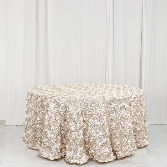 Efavormart 120" Beige Grandiose 3D Rosette Satin Round Tablecloth for Wedding Party Event Decoration
