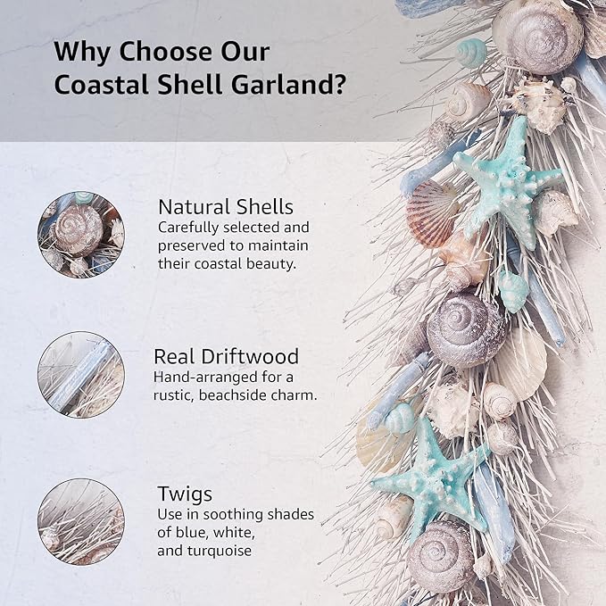 HOLIDAY TREE Handcrafted 48'' Shell Coastal Summer Garland for Home, Staircase, Wall, Hallway and More
