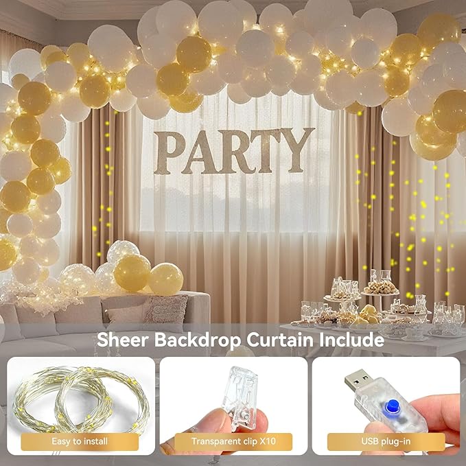 10×10ft Tulle Backdrop Curtains with Lights String - 300LED Fairy Lights Sheer Curtain Backdrop for Weddings Baby Shower and Birthday Party Decorations(6 Panels 5×10ft)