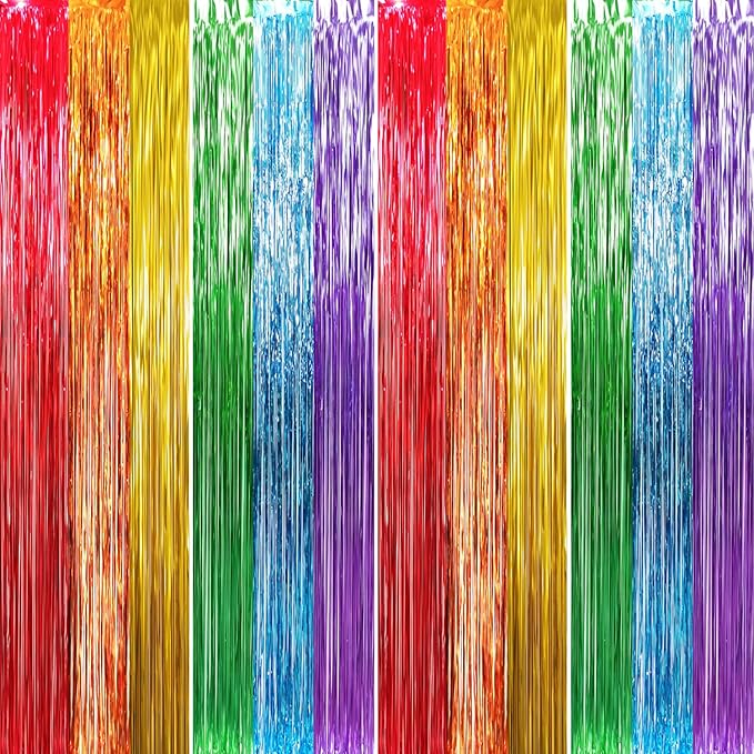 GOER 3.2 ft x 8.2 ft Metallic Tinsel Foil Fringe Curtains Party Photo Backdrop Party Streamers for Birthday,Graduation,New Year Eve Decorations Wedding Decor (4 Packs,Rainbow Colors)