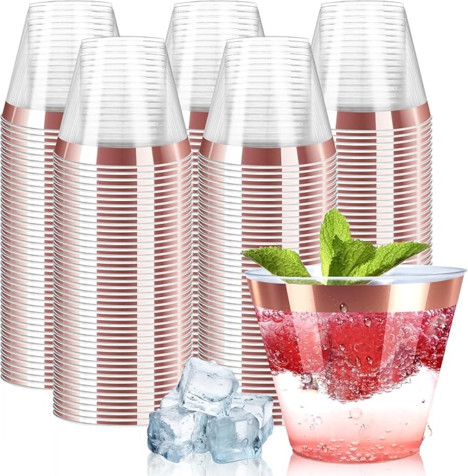 [200 Pack] 9oz Clear Plastic Cups with Rose Gold Rimmed Sturdy & Food Safe Disposable Wine Glasses Party Wedding Disposable Drinking Cups Plastic Cocktail Glasses for Wine, Juice & Cold Beverages