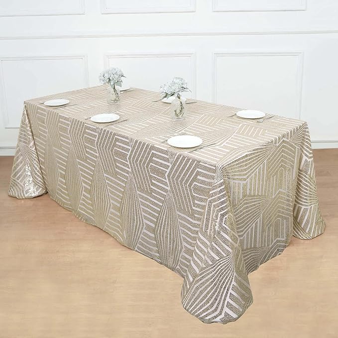 Efavormart 90"X132" Champagne Sparkly Sequin Geometric Tulle Rectangular Tablecloth