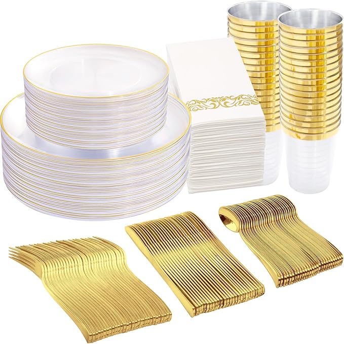 Supernal 350PCS Clear and Gold Plastic Dinnerware Set Include Clear Disposable Plates, Gold Plastic Silverware Heavy Duty, Cups and Napkins for Birthday, Weddings, Parties