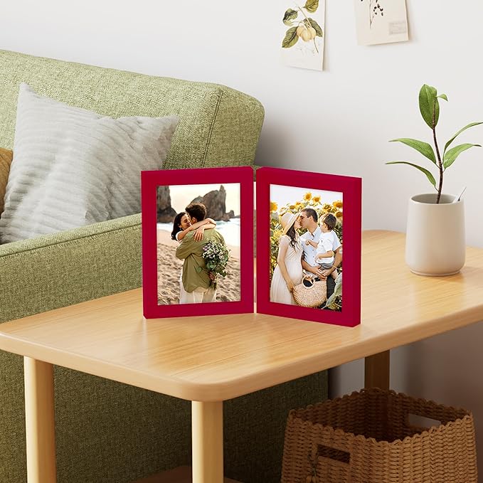 decorUhome Double 5x7 Picture Frame Vertical, Engineered Wood Bifold Photo Frame with Plexiglass for Tabletop Display, 5x7, Red