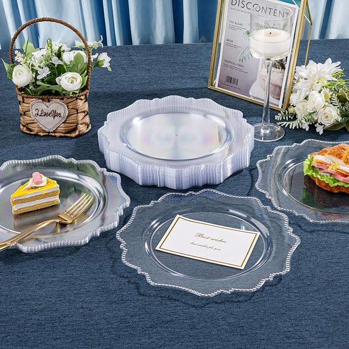 COLOSUS 100pcs 9.5 Inch Clear Plastic Plates,Heavy Duty Disposable Dinner Plates,Fancy clear Plates,Premium Plastic Dinner Plates for Party,Wedding and Everyday Use